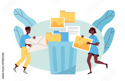 People throwing out garbage. Man and woman with emails near a trash can. An empty space in an e-mail. Guy and girl cleaning a warehouse. Cartoon flat vector illustration isolated on white background