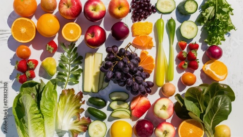 Different types of fruits and vegetables individually isolated on a white backdrop photo