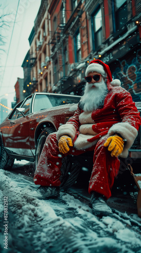 Cool urban Santa Claus next to a stylish vintage car at Christmas
