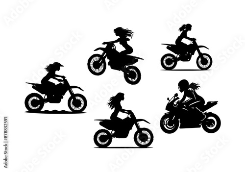 Collection of motocross rider silhouette set of sporty women isolated against white background 