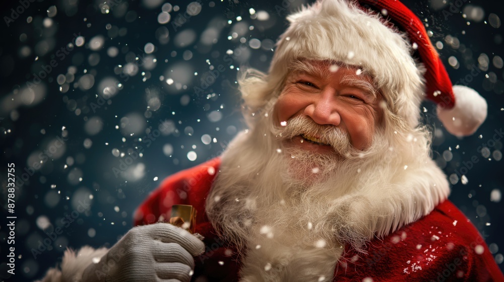 Happy kindly Santa Claus on dark background with snow copy space. Christmas and New Year concept