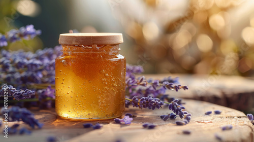 organic packaging design, jar of lavender honey with dried lavender on wooden surface, creates a charming and natural look, ideal for branding or packaging design in food industry