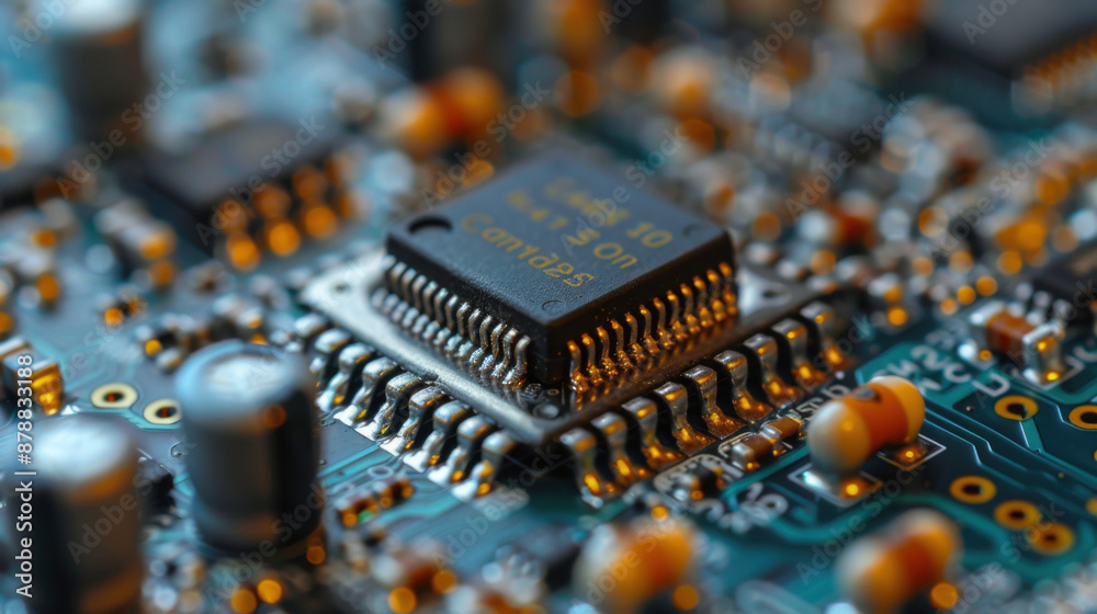 Detailed close-up of an electronic microchip on a blue circuit board, showcasing technology and electronics components. Detailed close-up of an electronic microchip on a blue circuit board, showcasing technology and electronics components.