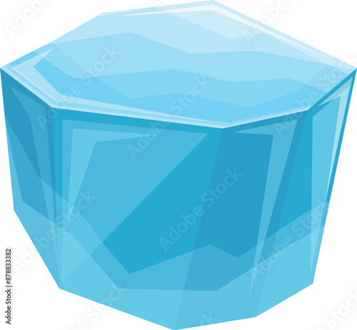 Large, blue ice cube is melting, its smooth surface reflecting the light