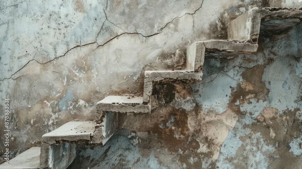 Long winding crack on aged wall with stairs blank area focused Long winding crack on aged wall with stairs blank area focused