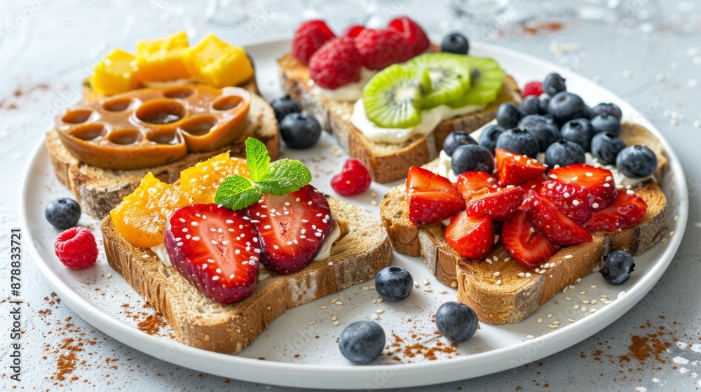 fun and easy kids breakfast idea vibrant toasts featuring different spreads and toppings on a white plate, perfect for a delightful morning meal fun and easy kids breakfast idea vibrant toasts featuring different spreads and toppings on a white plate, perfect for a delightful morning meal
