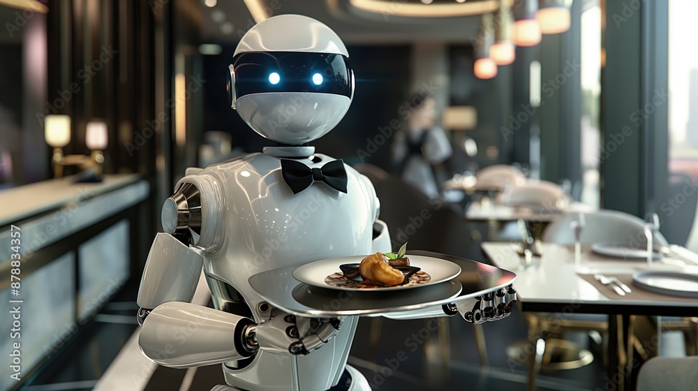 A robot waiter in a bow tie holds a plate of food in a restaurant. Artificial intelligence concept A robot waiter in a bow tie holds a plate of food in a restaurant. Artificial intelligence concept
