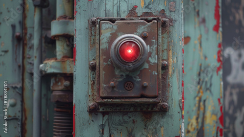 Close-up of a rusty, old industrial control panel with a glowing red button, indicating alert or emergency. © khonkangrua
