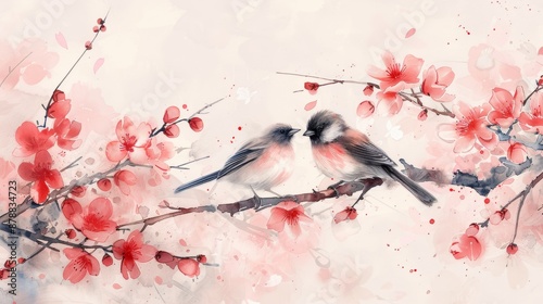 chinese valentines day art, two lovebirds frolicking among cherry blossom trees, a peaceful chinese valentines day banner adorned with elegant calligraphy and watercolor designs