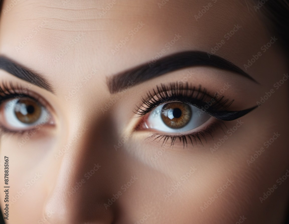 Portrait of a woman face, showcasing her eyes, nose. Her makeup is natural and subtle, highlighting her features. Beautiful large eyes with long black eyelashes, clearly defined black eyebrows. AI Portrait of a woman face, showcasing her eyes, nose. Her makeup is natural and subtle, highlighting her features. Beautiful large eyes with long black eyelashes, clearly defined black eyebrows. AI
