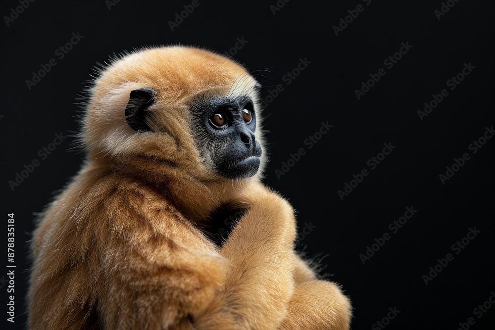 Fototapeta premium the beside view Eastern Hoolock Gibbon, left side view, isolated on black background