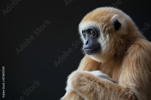 the beside view Eastern Crested Gibbon, left side view, isolated on black background