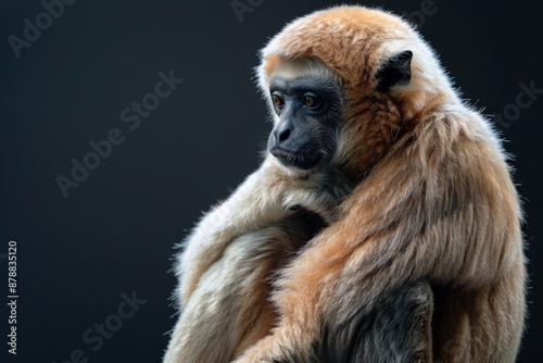 the beside view Eastern Crested Gibbon, left side view, isolated on black background