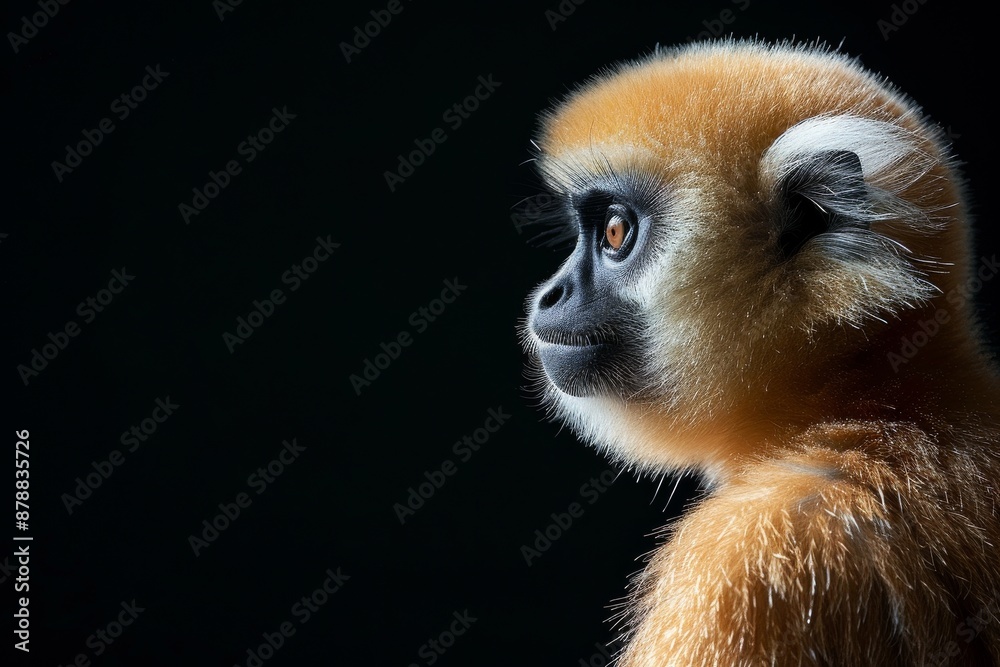 Obraz premium the beside view Lar Gibbon, left side view, isolated on black background