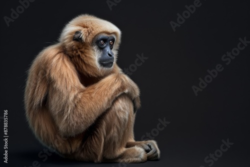 the beside view MÃ¼ller's Bornean Gibbon, left side view, isolated on black background