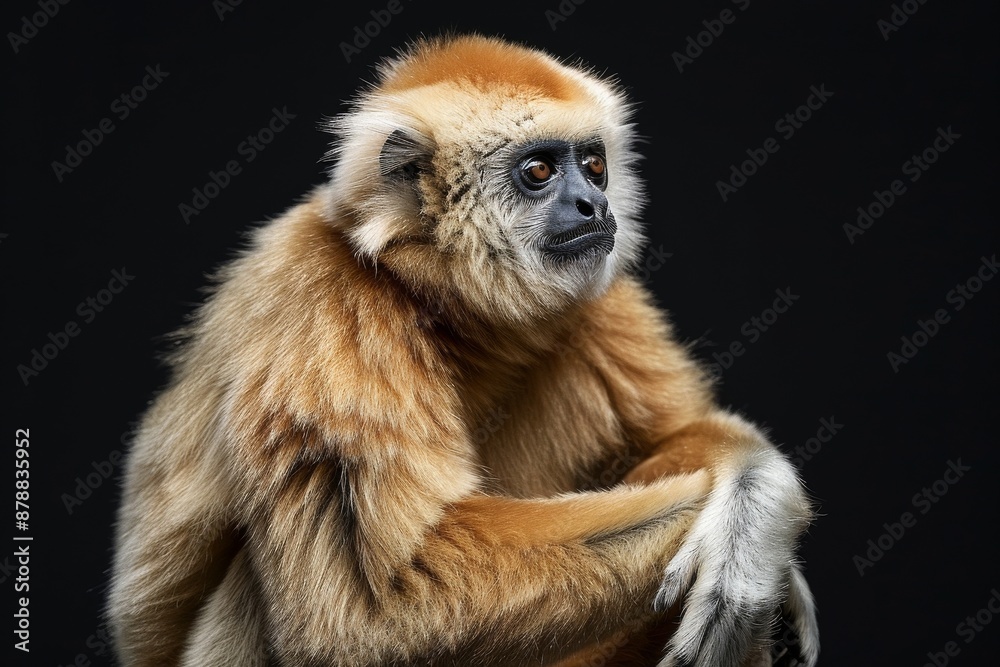 Obraz premium the beside view Northern White-cheeked Gibbon, left side view, isolated on black background