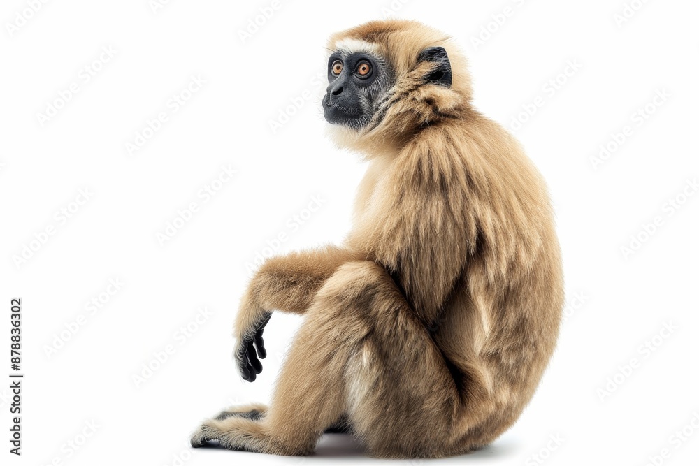 the beside view of a Müller's Bornean Gibbon, left side view, isolated on white background the beside view of a Müller's Bornean Gibbon, left side view, isolated on white background