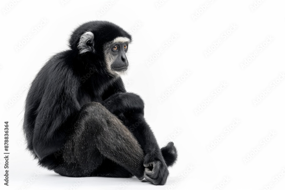 Fototapeta premium the beside view of a Pileated Gibbon, left side view, isolated on white background