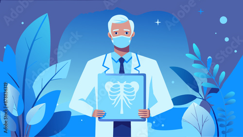 Illustration of a male radiologist doctor in white medical coat holding x-ray picture