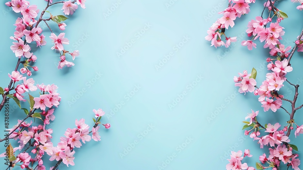 A beautiful image of delicate pink cherry blossoms against a soft blue background. The perfect backdrop for a spring or summer wedding, or any other special occasion.