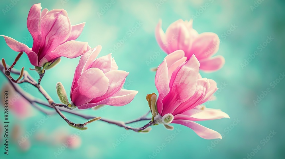 Obraz premium Enhance the colors of this photo of pink magnolia flowers against a pale blue background. Make the image look like a dreamy painting.