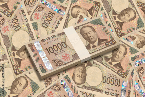 敷き詰められた新紙幣の一万円札と百万円の札束 photo