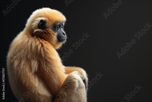 the beside view Southern Yellow-cheeked Gibbon, left side view, isolated on black background