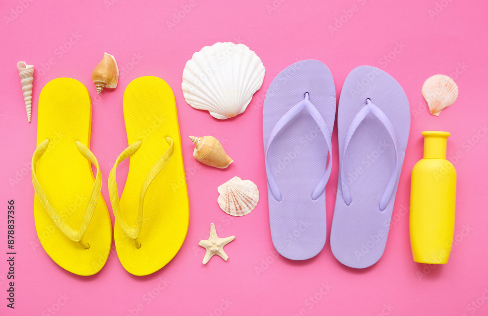 Composition with stylish flip-flops, sunscreen and seashells on pink background Composition with stylish flip-flops, sunscreen and seashells on pink background