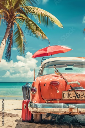 A red car with a red umbrella on the beach. Palm trees and the ocean are in the background. The car is from the 1950s and has luggage on the roof rack.