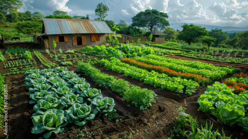 A thriving vegetable garden with various plants, set against a rustic barn backdrop, showcasing organic farming and rural life. photo