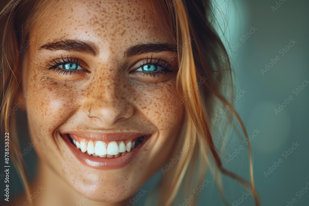 Joyful close up young woman with blonde hair and blue eyes in soft lavender light Joyful close up young woman with blonde hair and blue eyes in soft lavender light