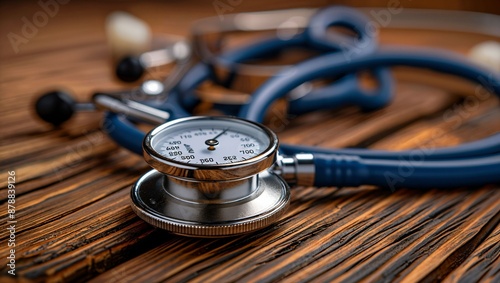 Close-up of a stethoscope on a wooden surface. The silver chest piece and blue tubing are focused, highlighting the medical equipment's detail and craftsmanship. photo