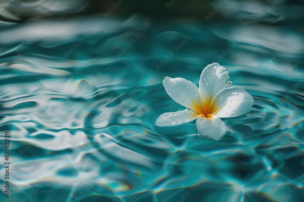 A single white flower floats on the surface of a calm pool of water, surrounded by ripples and subtle reflections A single white flower floats on the surface of a calm pool of water, surrounded by ripples and subtle reflections