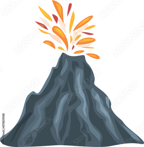 Cartoon style illustration of a volcano erupting, with molten lava spewing from its crater