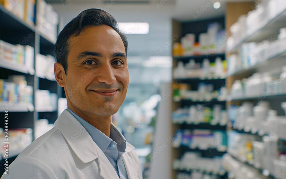 A smiling Arab pharmacist in a pharmacy