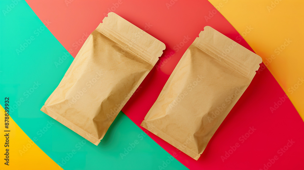 Mockup of Two Paper Bags with Ziplock on Vibrant Colorful Background Mockup of Two Paper Bags with Ziplock on Vibrant Colorful Background