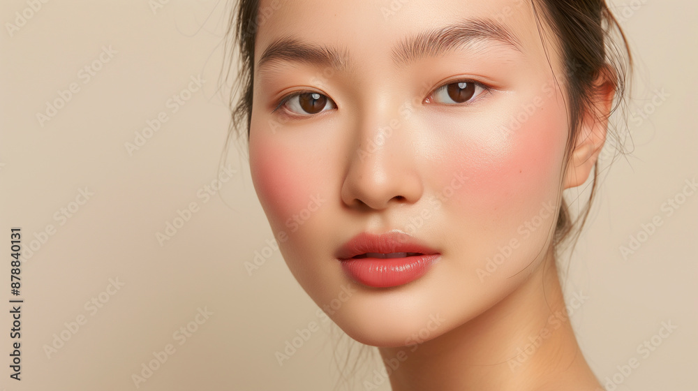 Fototapeta premium A woman with a pink face is looking at the camera