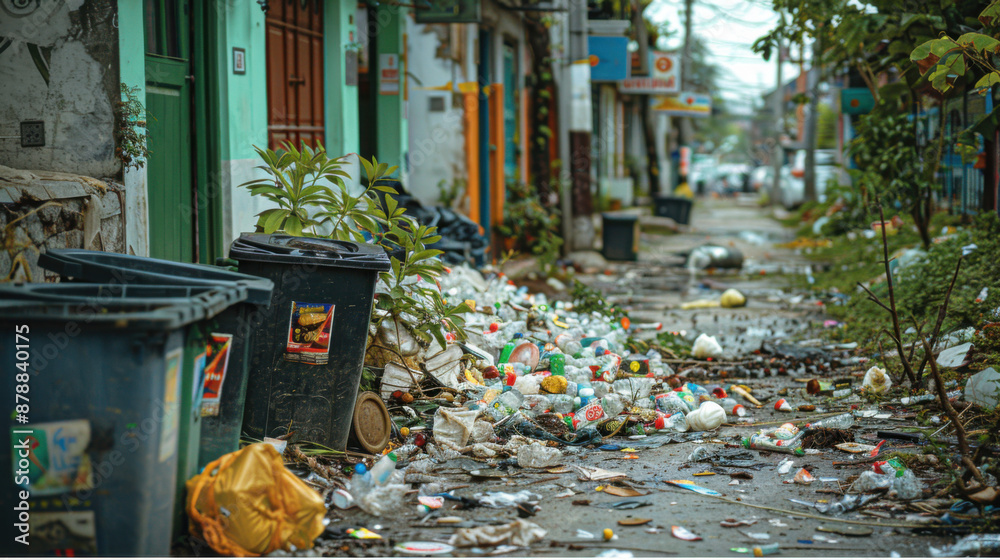 Heavily littered city street with overflowing trash bins and scattered garbage, depicting urban cleanliness issues. Heavily littered city street with overflowing trash bins and scattered garbage, depicting urban cleanliness issues.