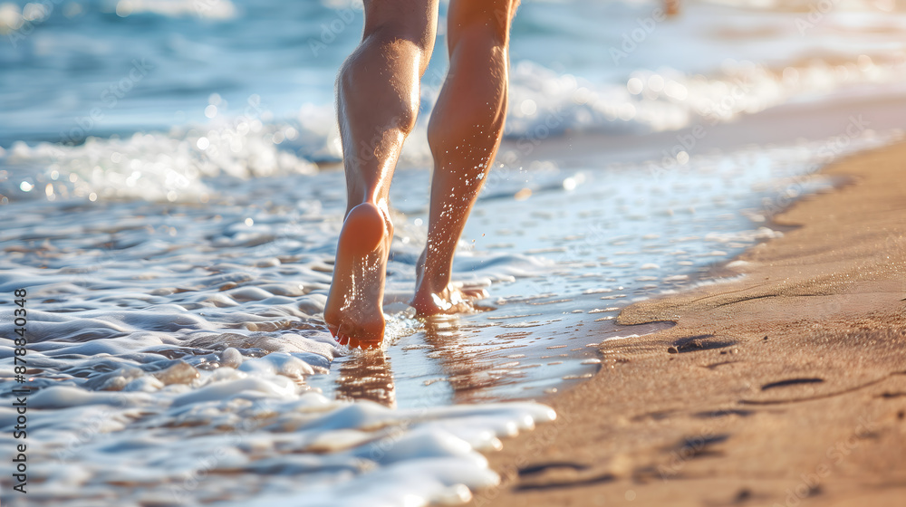 Les jambes d'une personne en train de faire du sport au bord de la mer avec des vagues. Les jambes d'une personne en train de faire du sport au bord de la mer avec des vagues.