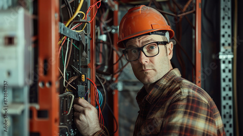 Confident Electrician in Hard Hat Working on Complex Electrical Wiring