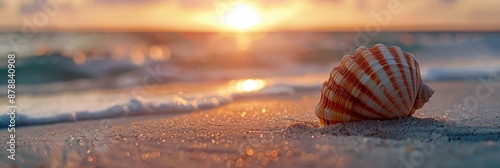 Beautiful nature landscape. A close-up of a seashell on the sand on the beach in the back-light of sunset, background.