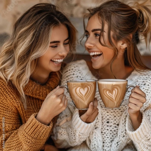 Two friends share coffee while laughing together