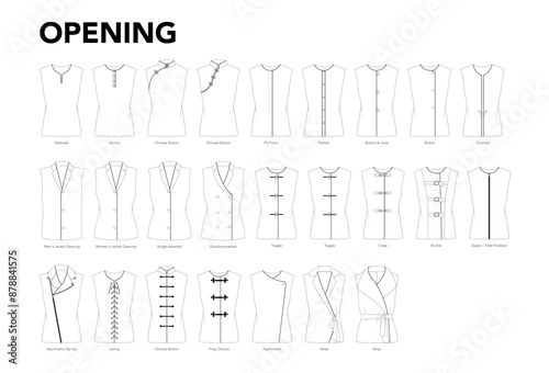 Set of openings for tops, shirts, jackets, blouses, coats, dresses styles technical fashion illustration. Flat apparel template front view. Women, men unisex CAD mockup isolated on white