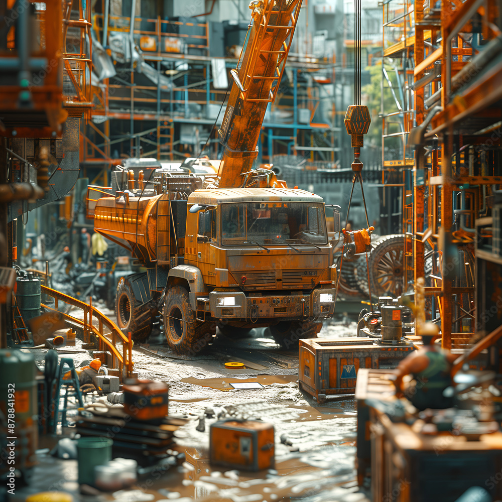 site with crane and truck, Anime-style depiction of a construction site bustling with activity site with crane and truck, Anime-style depiction of a construction site bustling with activity