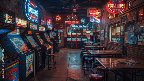 Retro arcade room filled with vintage gaming machines, neon signs, and cozy seating