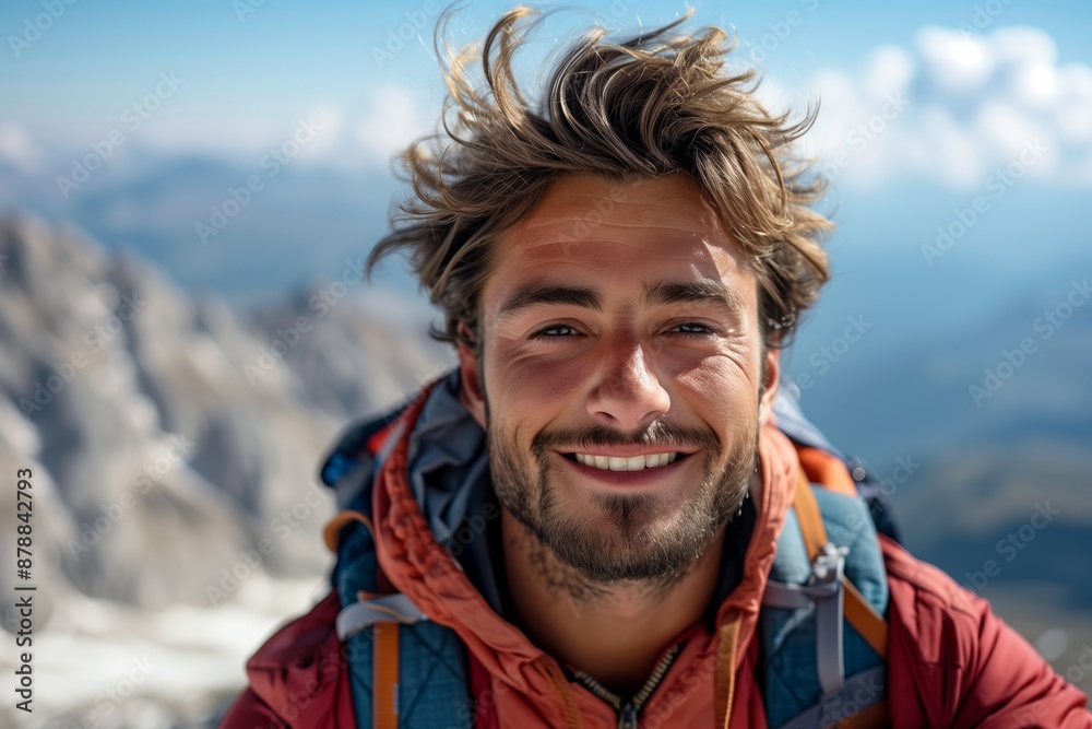 Naklejka premium Mountain Summit Selfie: Happy Hiker on Top