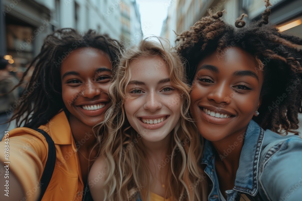 Fototapeta premium Diverse Friends Celebrating with Group Selfie in City