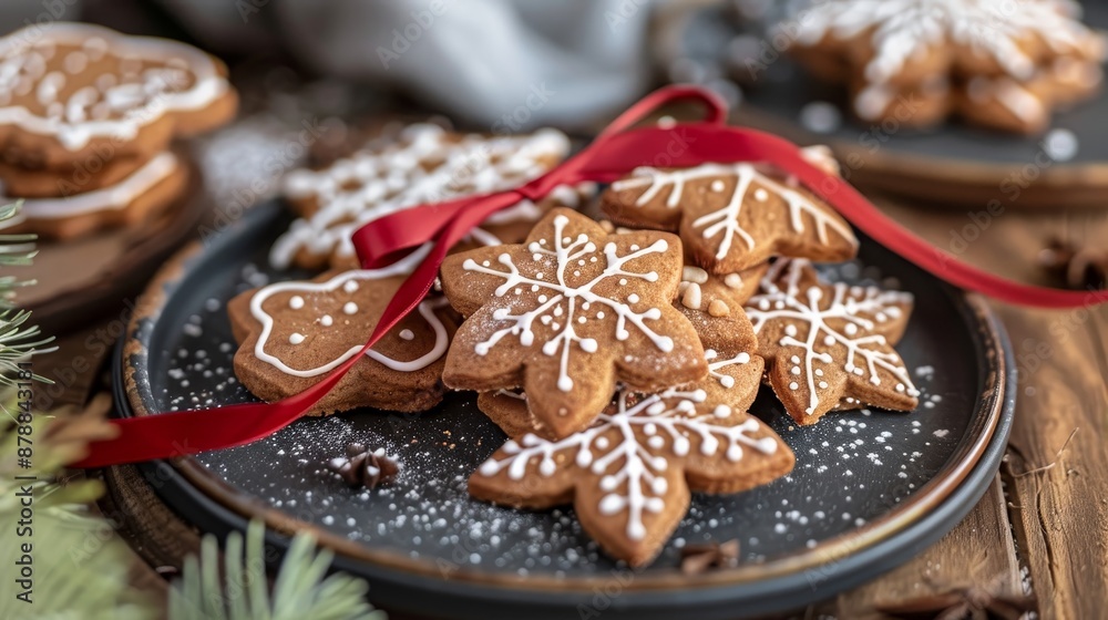 Assorted gingerbread cookies on plate with elegant red ribbon accent, minimalist focus Assorted gingerbread cookies on plate with elegant red ribbon accent, minimalist focus