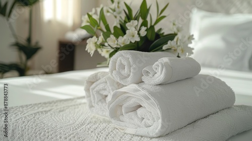 Luxurious hotel room with white towels on bed