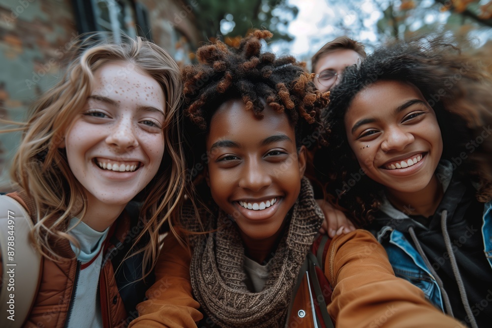 Fototapeta premium Diverse Group having Fun Outdoors - Multiracial Friends Smiling - Students Portrait - Human Resources Concept